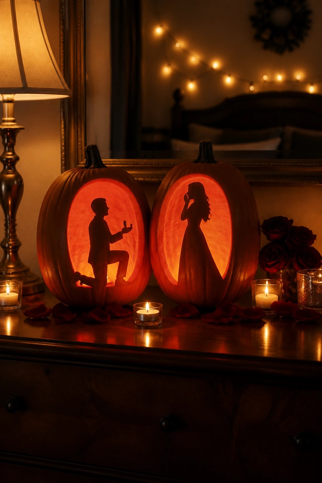 Two lit jack-o'-lanterns on a wooden dresser showing carved silhouettes of a man proposing and a woman in a dress, with candles and rose petals around them.