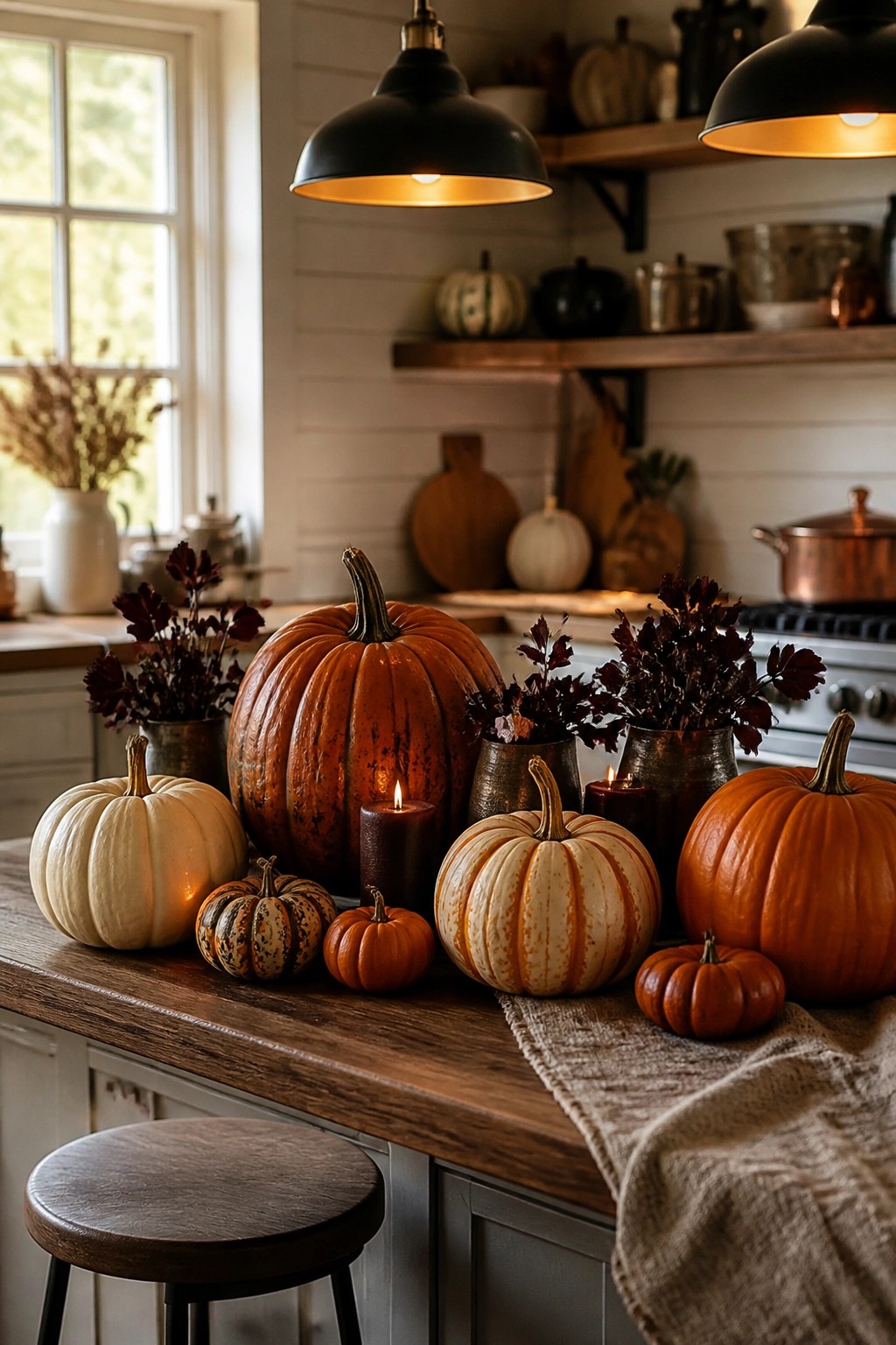 Kitchen counter with a mix of orange, white, and striped pumpkins arranged beside dark candles and small vases of foliage.