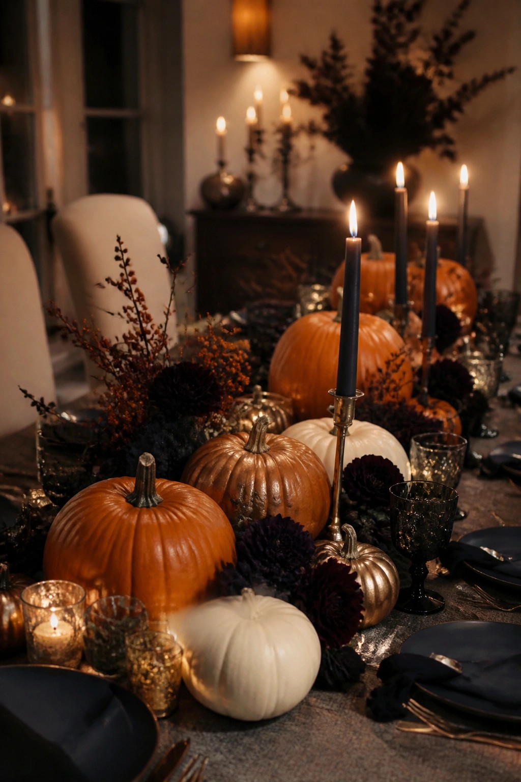 Elegant autumn table with orange and white pumpkins, lit black candles, and dark florals.