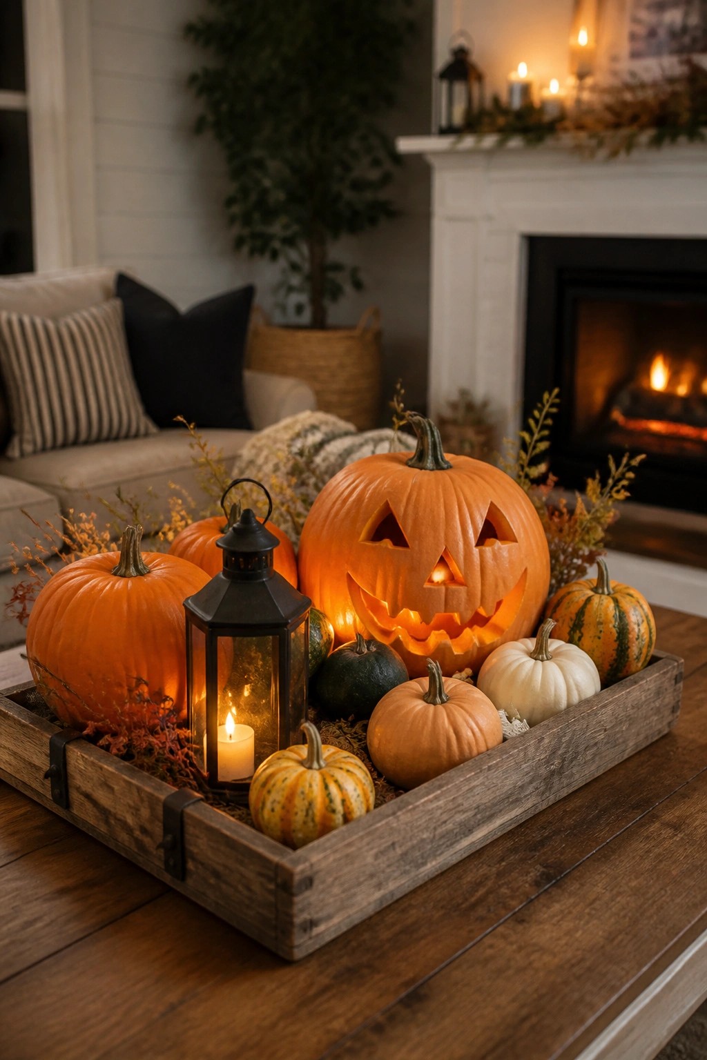 A wooden tray filled with carved jack o'lanterns, smaller pumpkins, and a black lantern sits on a coffee table in front of a fireplace.
