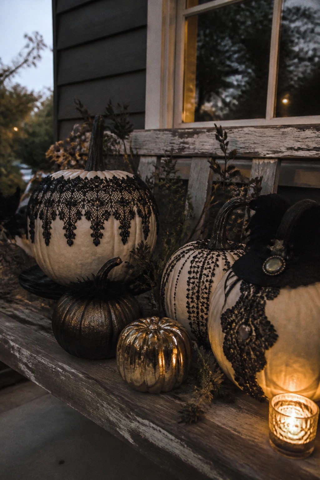 White pumpkins wrapped in black lace sit on a weathered wooden porch beside metallic pumpkins and small lit candles.