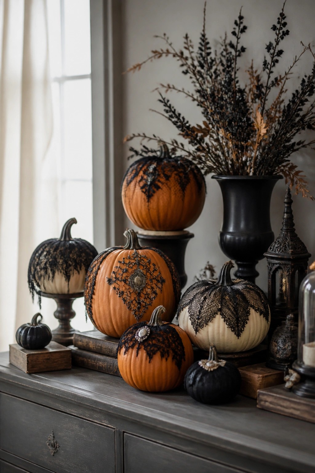 A dark wood console holds multiple pumpkins wrapped in black lace with vintage brooch accents, arranged with old books and dark branches in a vase.