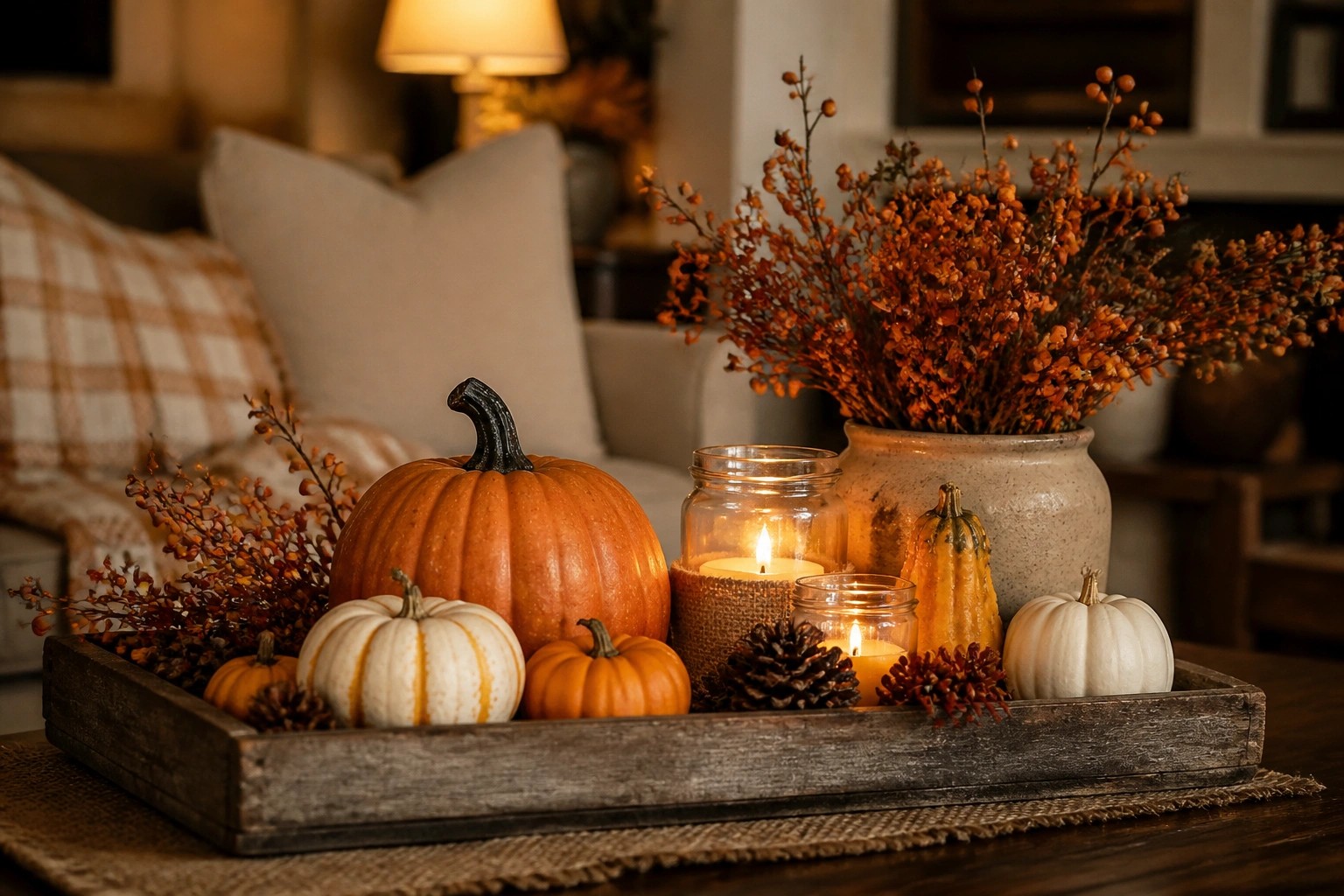 A wooden tray filled with carved jack o'lanterns, smaller pumpkins, and a black lantern sits on a coffee table in front of a fireplace.