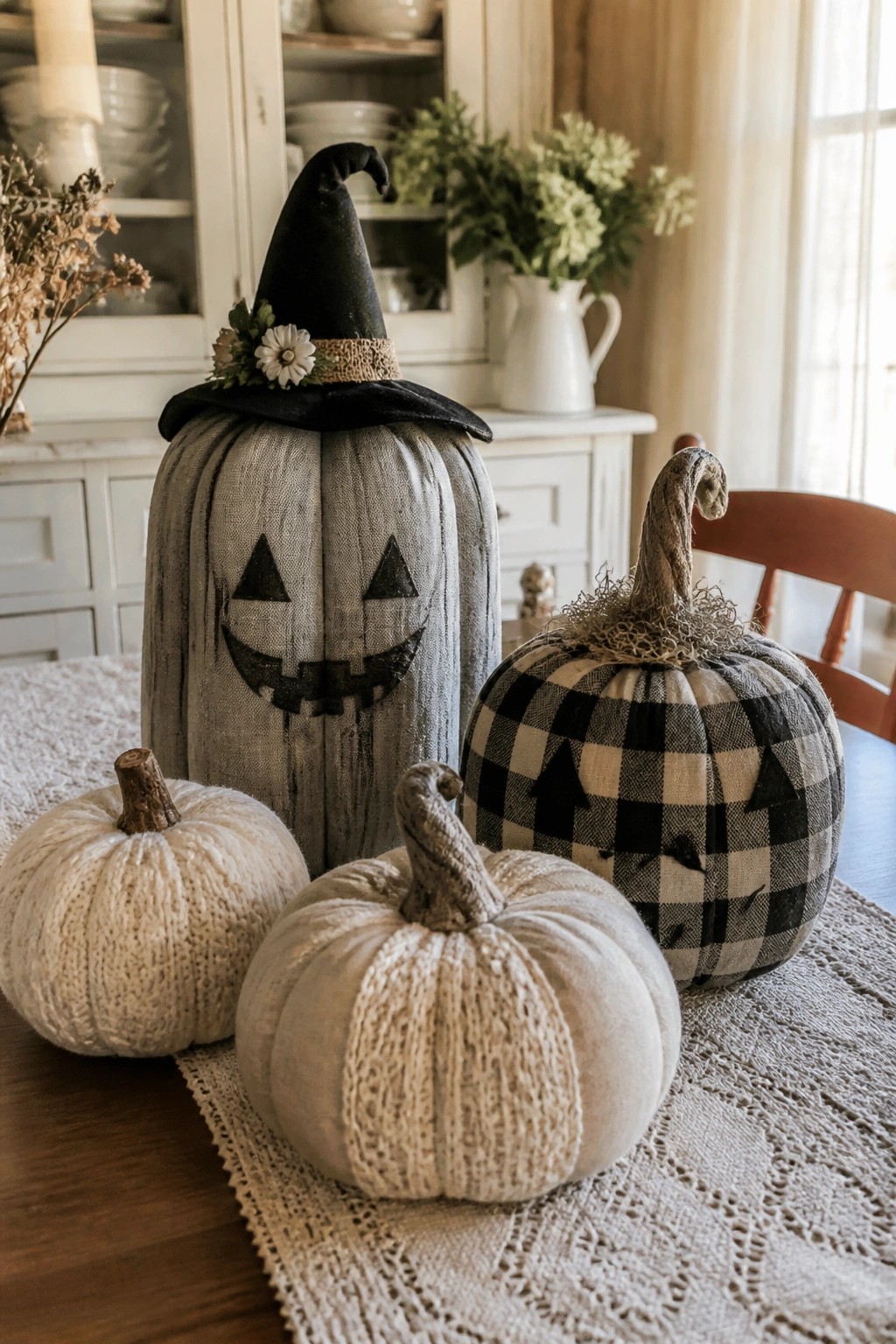 Neutral fabric pumpkins with jack o lantern faces and one witch hat arranged on a lace runner across a wooden dining table.