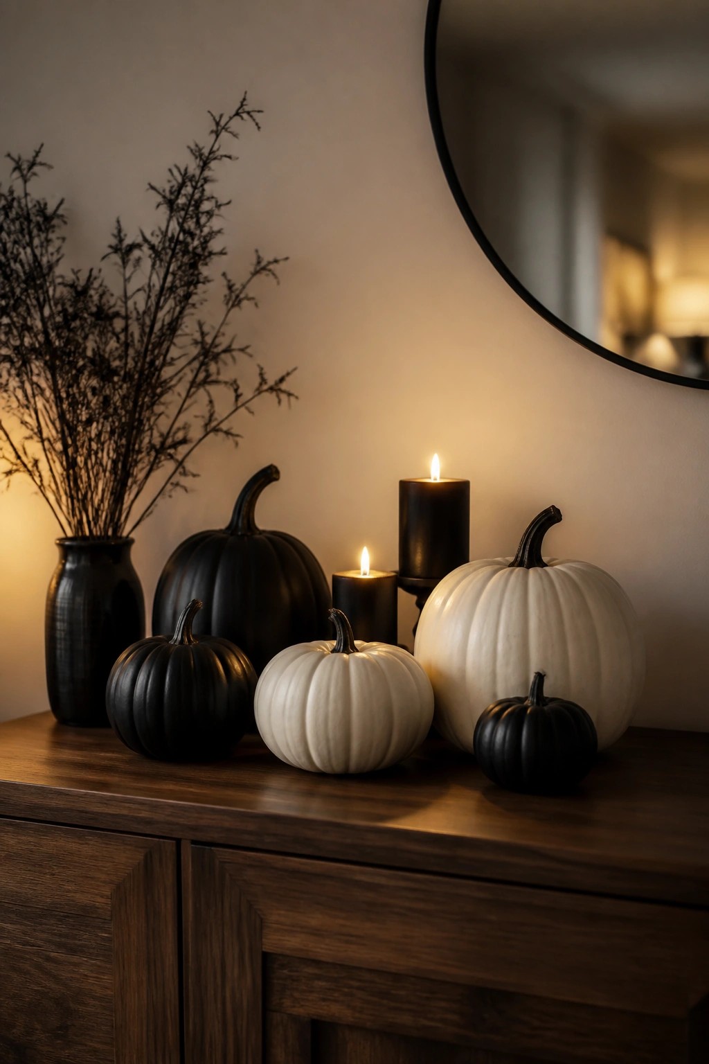 A wooden console holds several black and white pumpkins of varying sizes alongside lit black candles and dark branches in a vase, with a round mirror on the wall above.