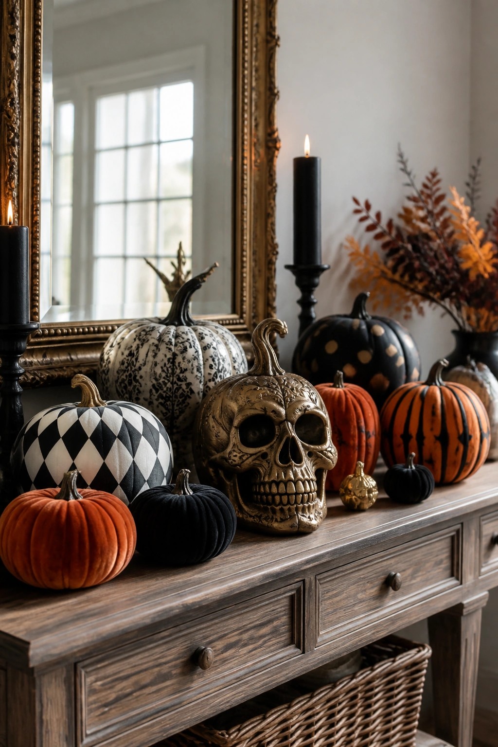 Console table styled with patterned pumpkins and a gold skull pumpkin centerpiece under a large mirror.