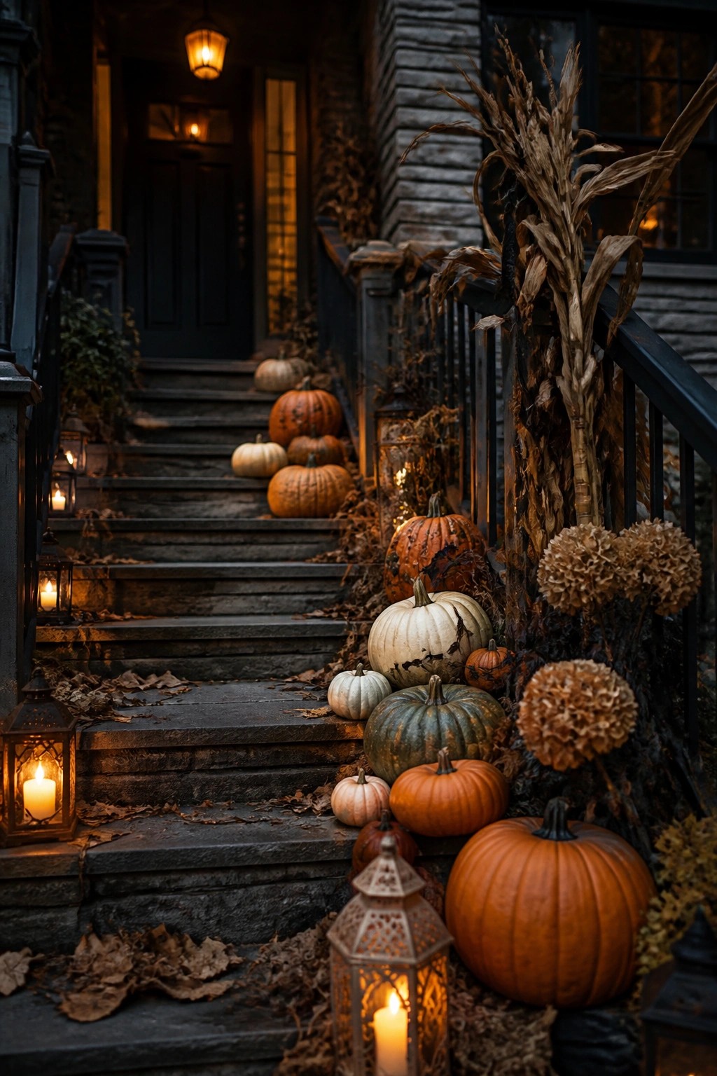 Front porch staircase lined with orange, white, and green pumpkins of varying sizes, along with lanterns and dried corn stalks.