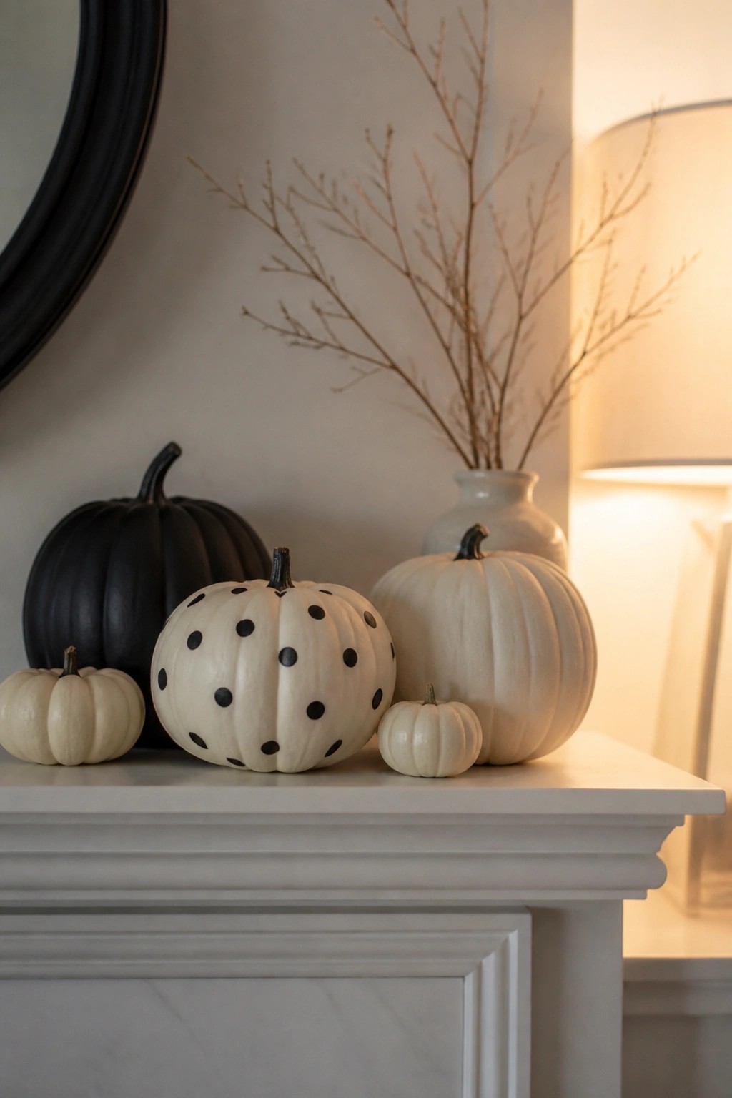 White mantel lined with black, white, and black polka-dotted pumpkins next to a vase of bare branches.
