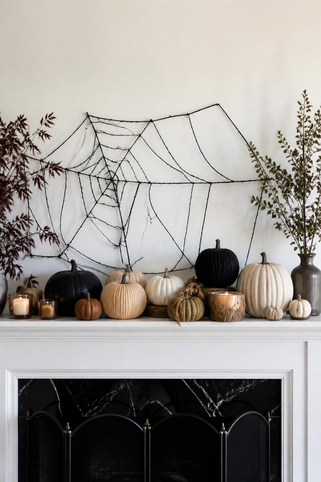 White fireplace mantel with a large black spiderweb mounted on the wall above it and a row of black, white, beige, and small orange pumpkins arranged along the mantel with a few lit candles.