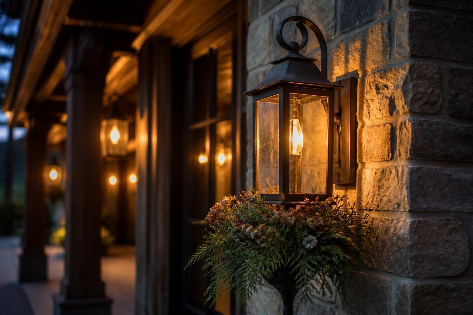 Wooden house exterior at dusk with two glowing vintage lanterns mounted on the siding near potted plants and stone steps.