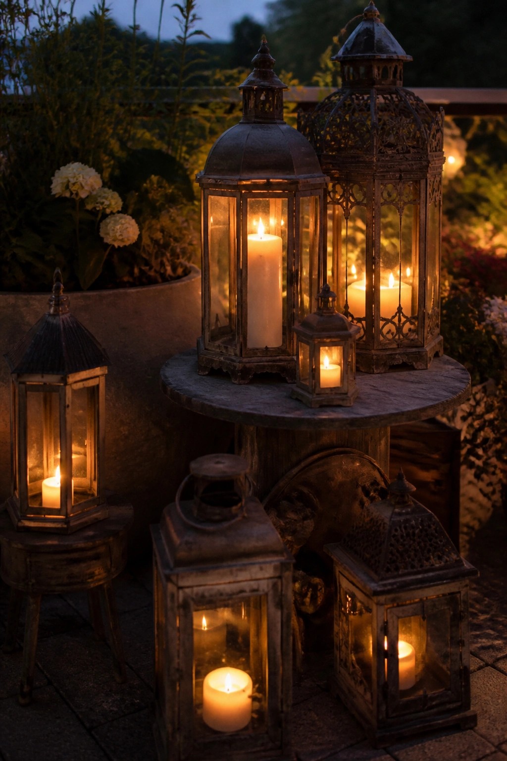 Outdoor patio scene showing multiple vintage metal lanterns of varying sizes with lit candles inside, clustered on a wooden table and nearby surfaces at dusk.