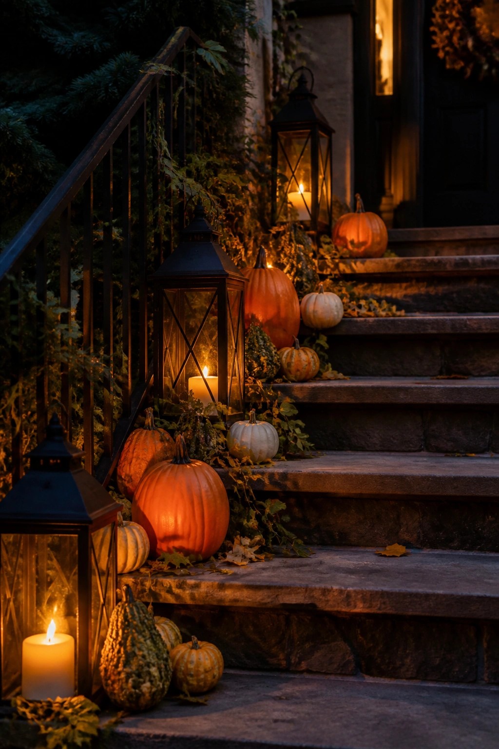 Stone steps lined with glowing lanterns, pumpkins, and autumn leaves at night.