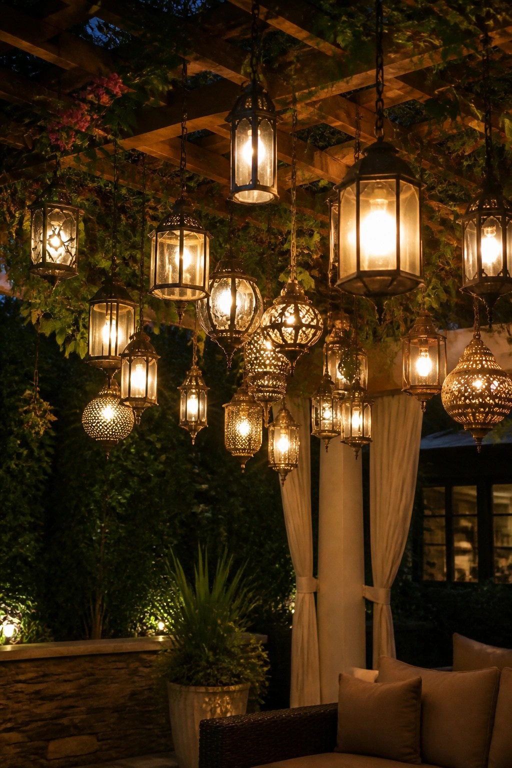 Outdoor patio with many hanging lanterns of different sizes and styles suspended from a wooden pergola at night.