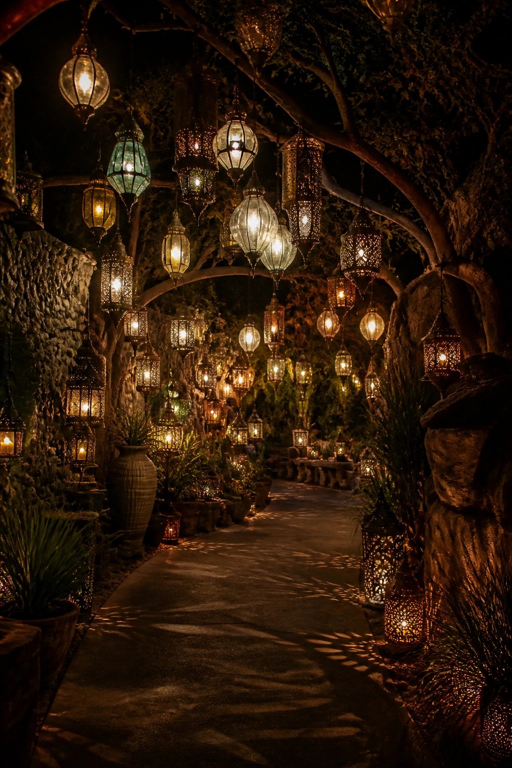 Narrow outdoor walkway at night lined with dozens of hanging illuminated lanterns in various styles and sizes.