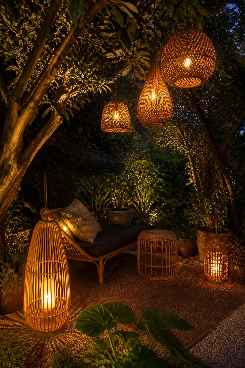 Glowing woven lanterns surround a rattan lounge chair in a leafy nighttime garden.
