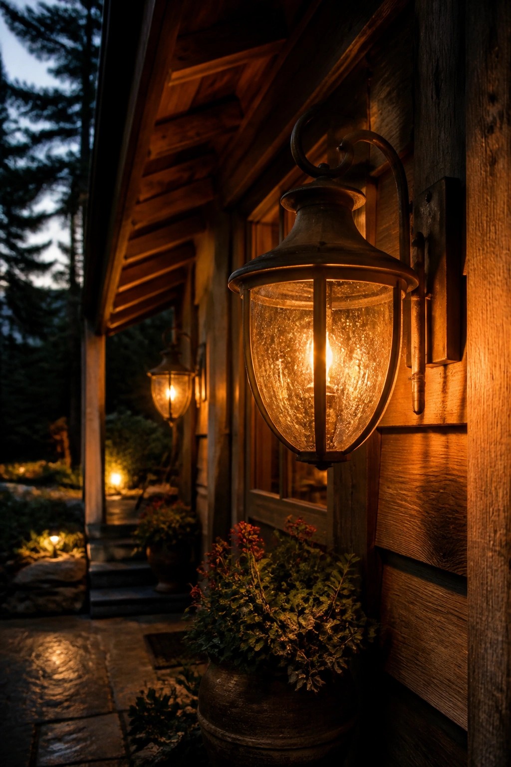 Wooden house exterior at dusk with two glowing vintage lanterns mounted on the siding near potted plants and stone steps.