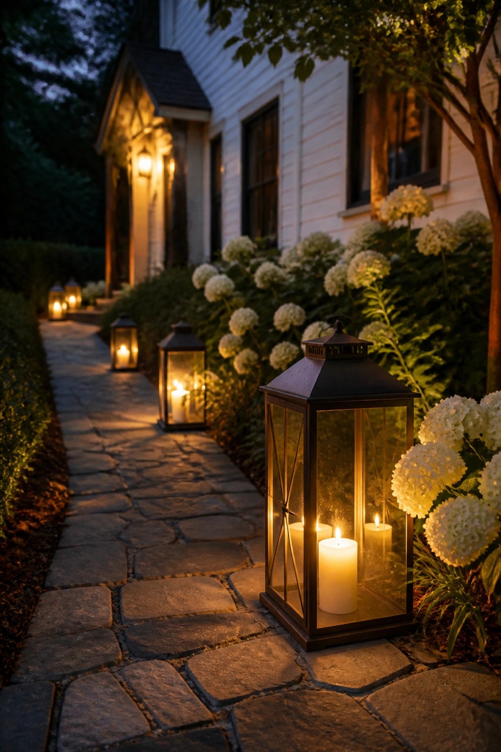 Stone walkway lined with black metal lanterns holding lit candles beside white hydrangea bushes at dusk.