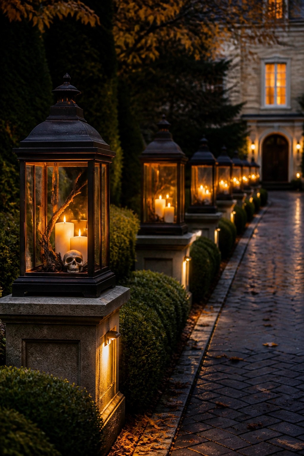 Ornate lanterns with candles and skull light brick path to mansion at night.