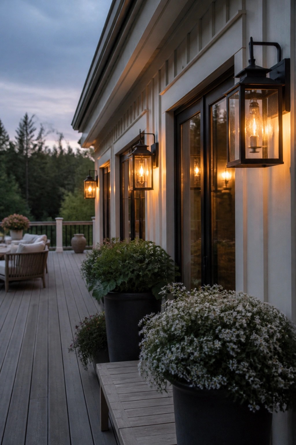 Back porch lined with glowing black metal lanterns mounted on a white wall beside large potted flowers at dusk.