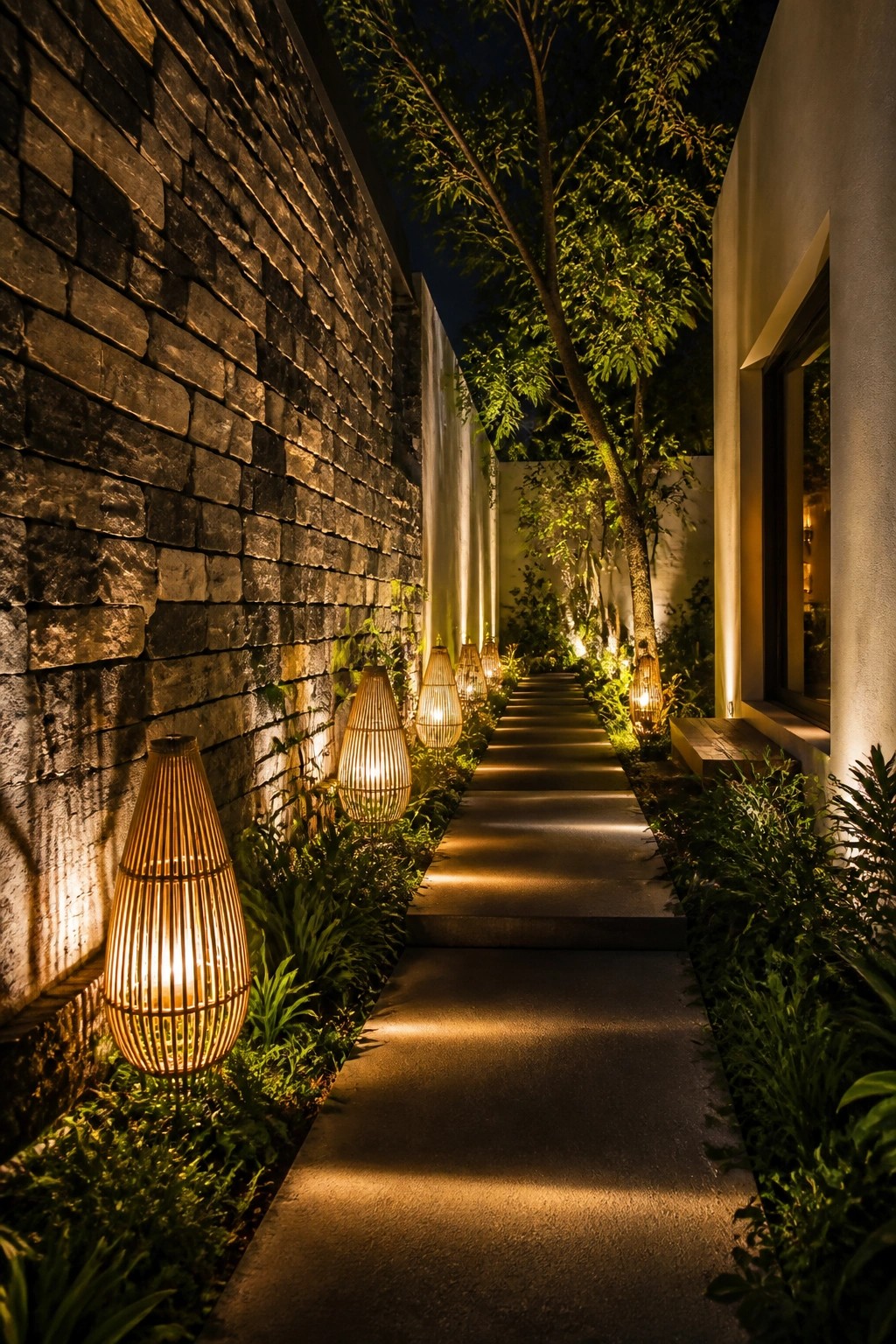 Outdoor stone walkway lined with tall glowing wicker lanterns at night between a brick wall and a building.