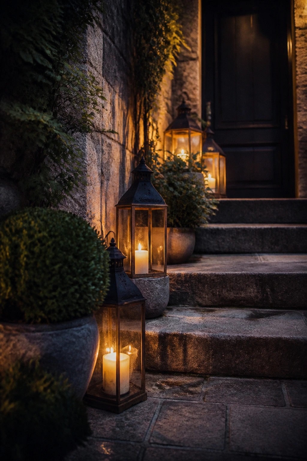 Stone steps lined with black metal lanterns holding lit candles beside potted plants and a dark front door.