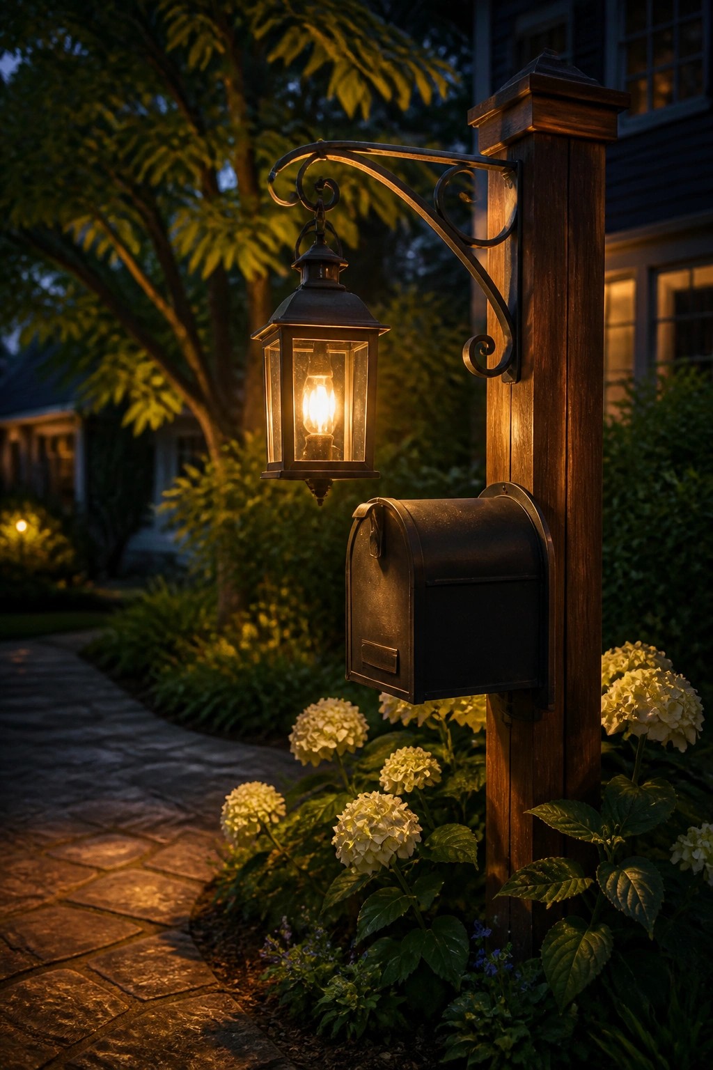 Wooden post with a hanging vintage lantern and black mailbox beside a stone path and white flowers at night.