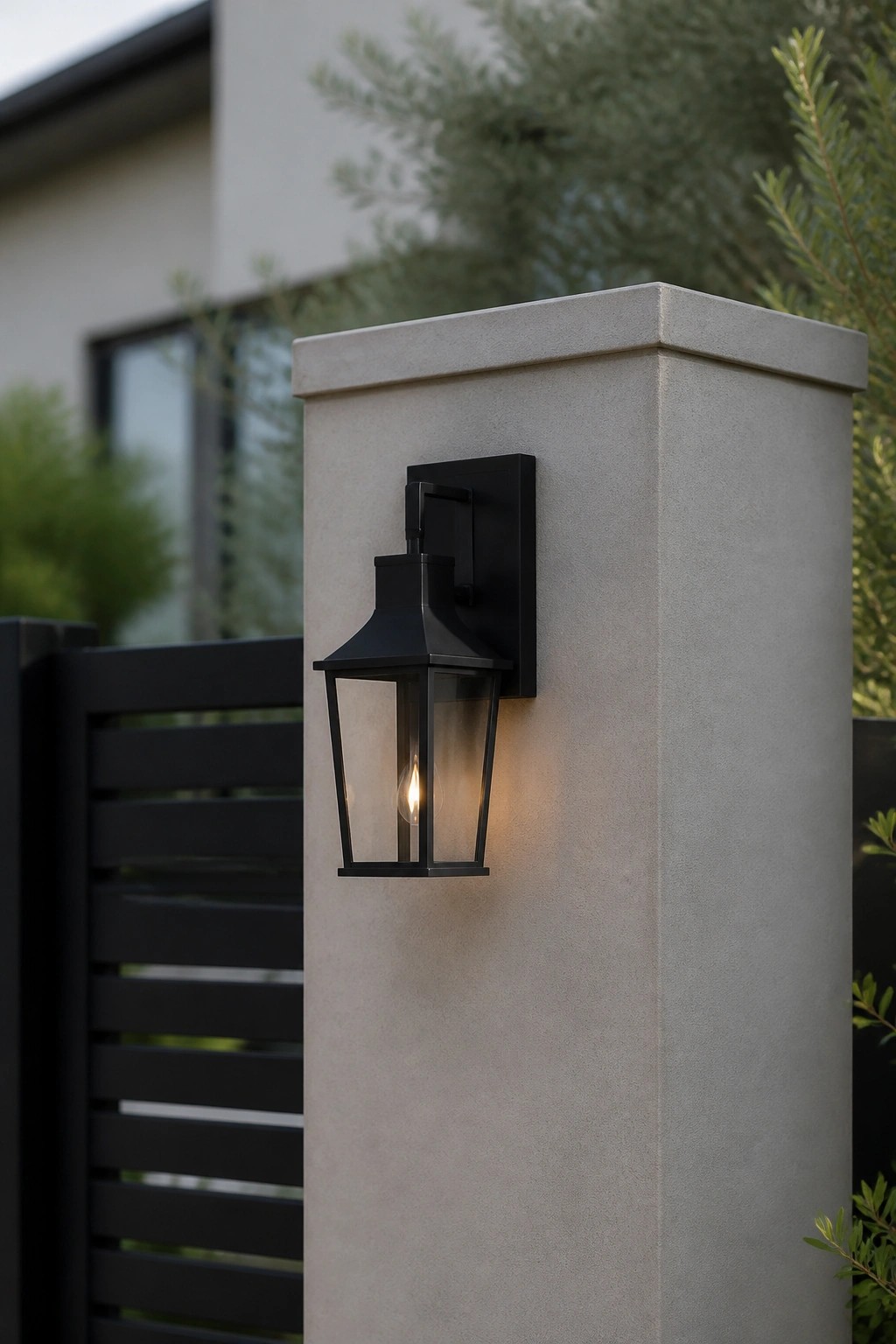 A black metal lantern with a glowing bulb mounted on a concrete pillar beside a dark fence.