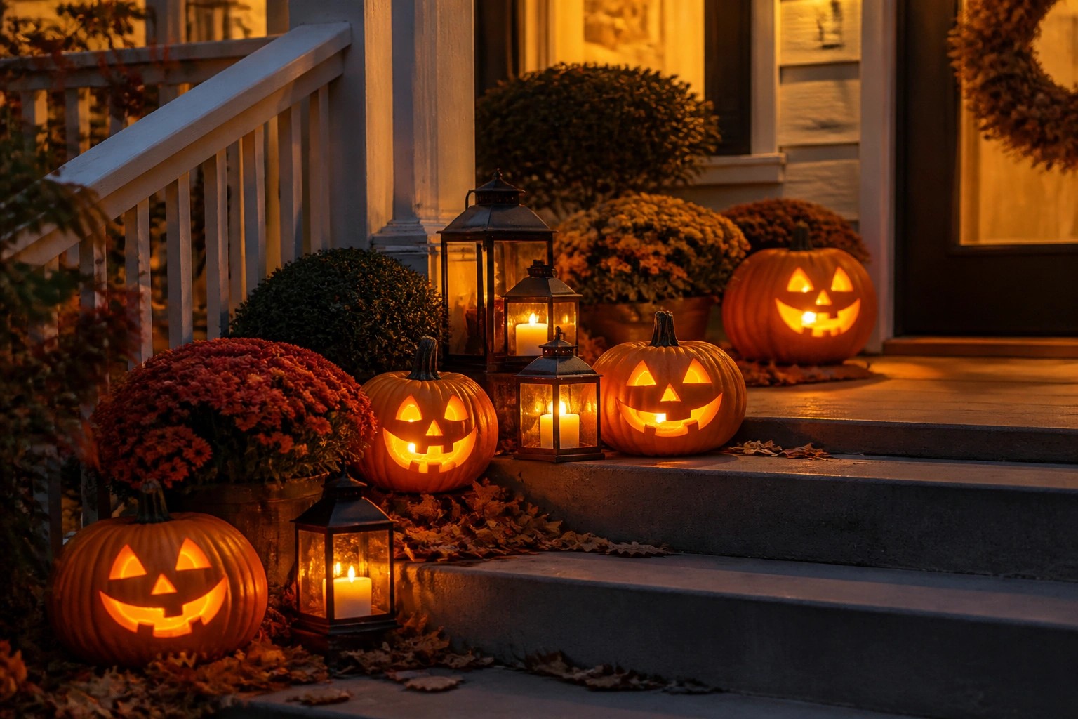 Front porch steps lined with several carved jack o' lanterns glowing from within.
