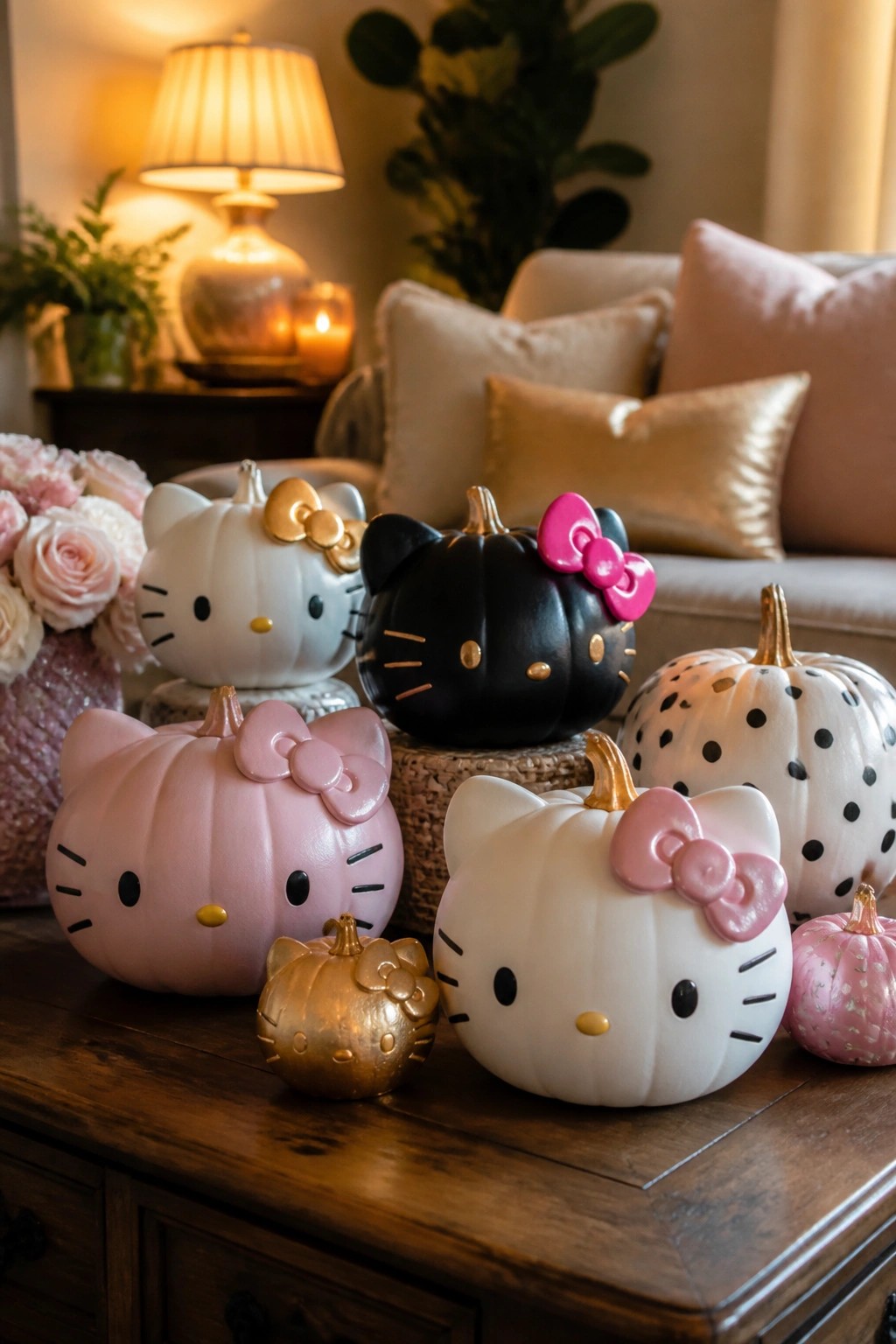 A group of Hello Kitty themed pumpkins in pink, white, black, and gold arranged on a wooden table in a living room.