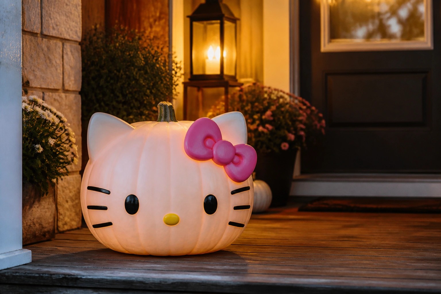 White Hello Kitty pumpkin decoration placed on concrete front steps with smaller pumpkins and autumn leaves nearby.