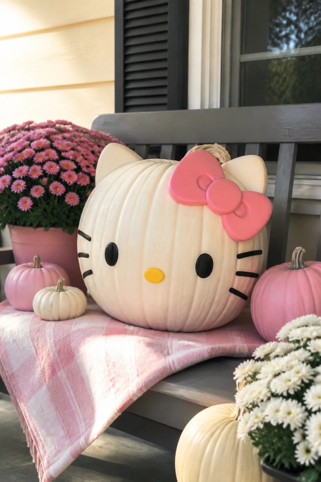 A large white pumpkin painted as Hello Kitty with pink bow and black facial details sits on a pink plaid blanket on a gray porch bench next to smaller pink and white pumpkins and potted flowers.
