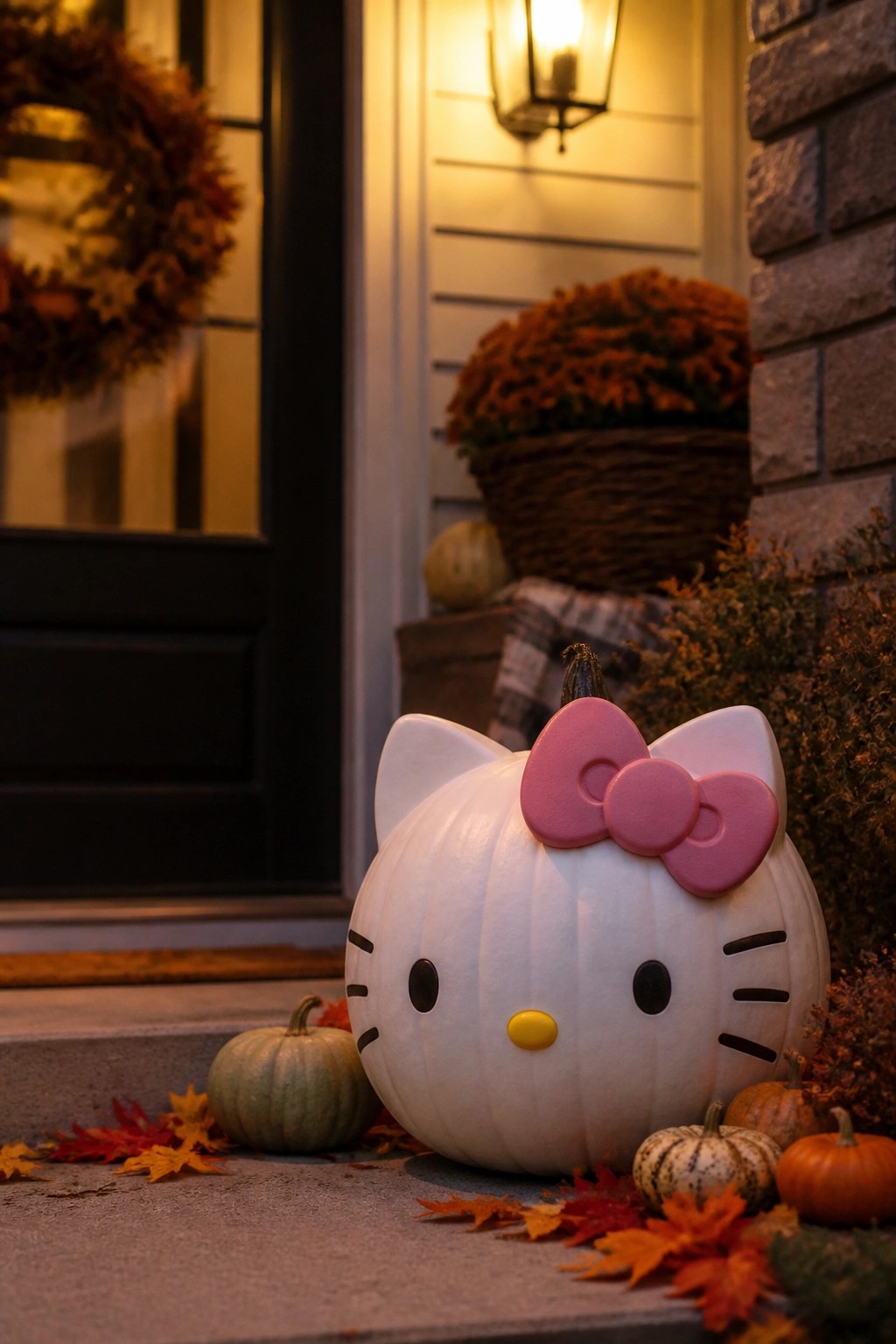 White Hello Kitty pumpkin decoration placed on concrete front steps with smaller pumpkins and autumn leaves nearby.