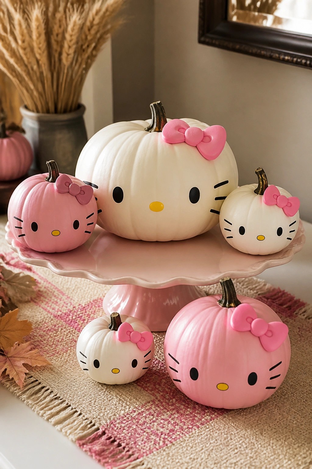 Pink cake stand displaying several pumpkins painted as Hello Kitty with pink bows in white and pink colors.