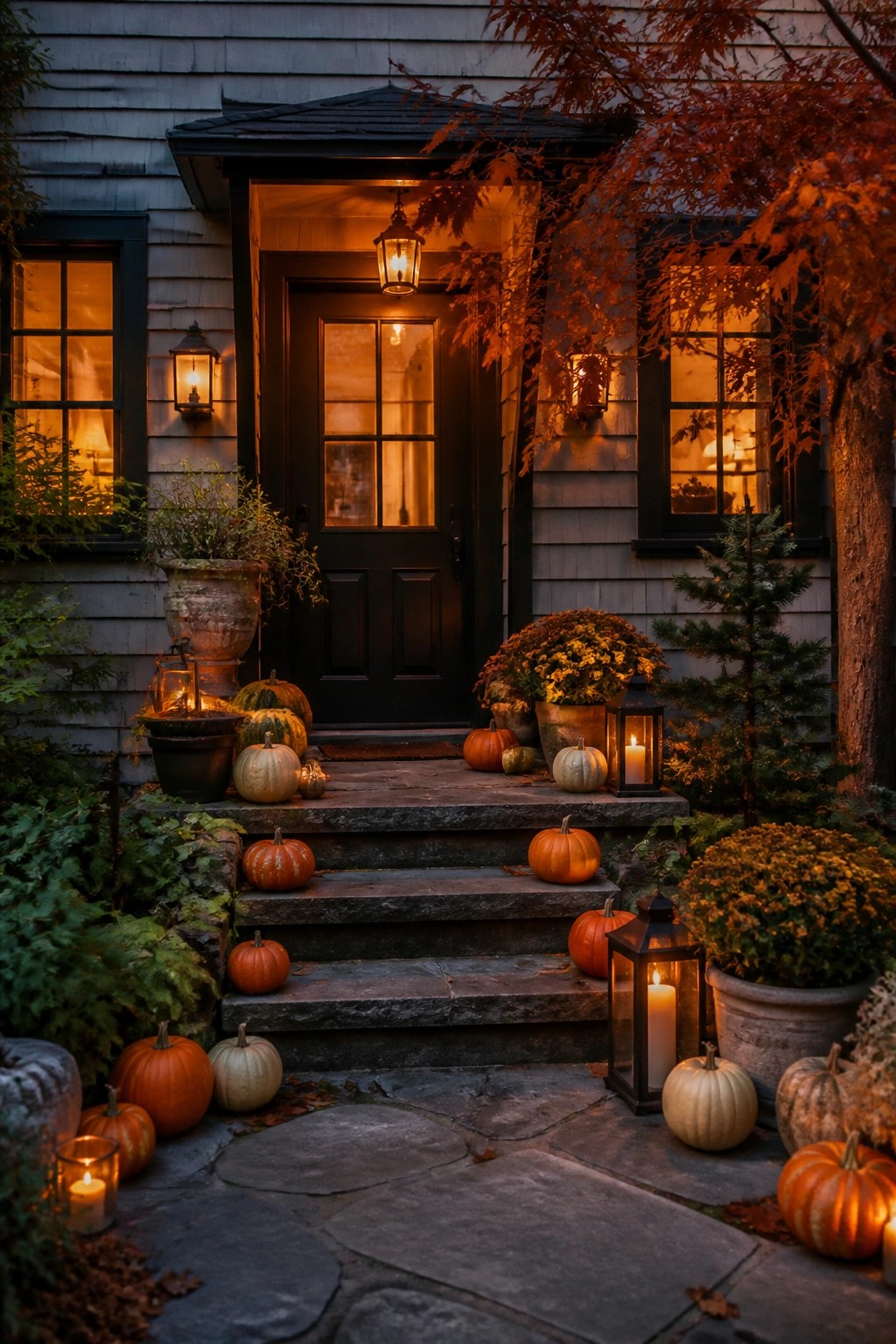 Stone steps leading to a black front door lined with orange and white pumpkins of various sizes and several lit black lanterns.