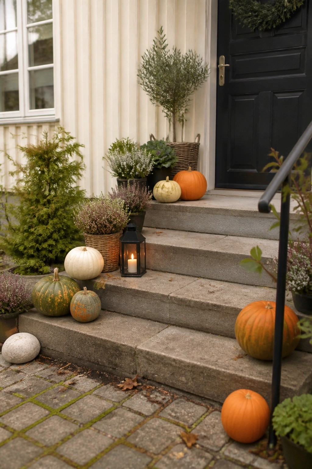 Stone steps decorated with orange, white, and green pumpkins beside a lit lantern.