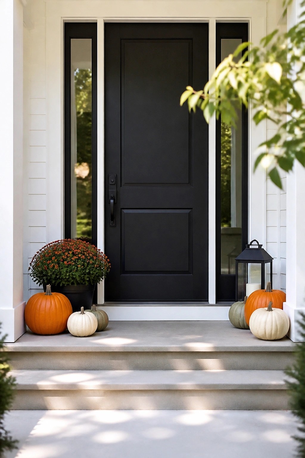 Front door steps lined with orange, white, and green pumpkins beside a black lantern and a pot of orange flowers.