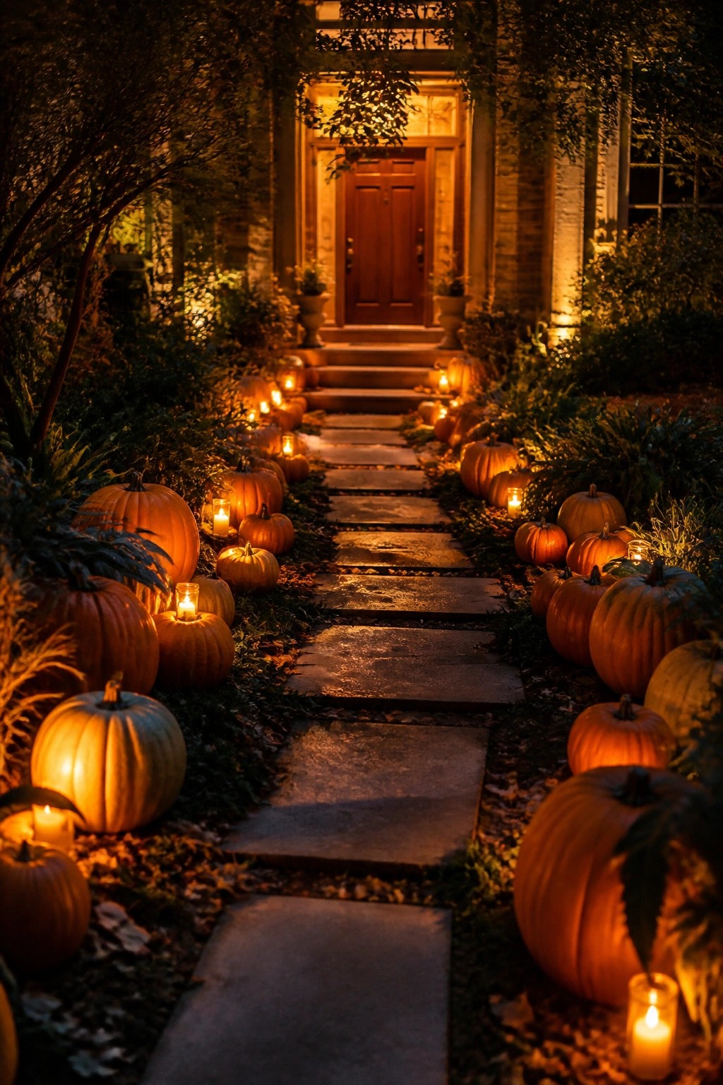Stone path lined with glowing pumpkins and candles leads to wooden house door at night.