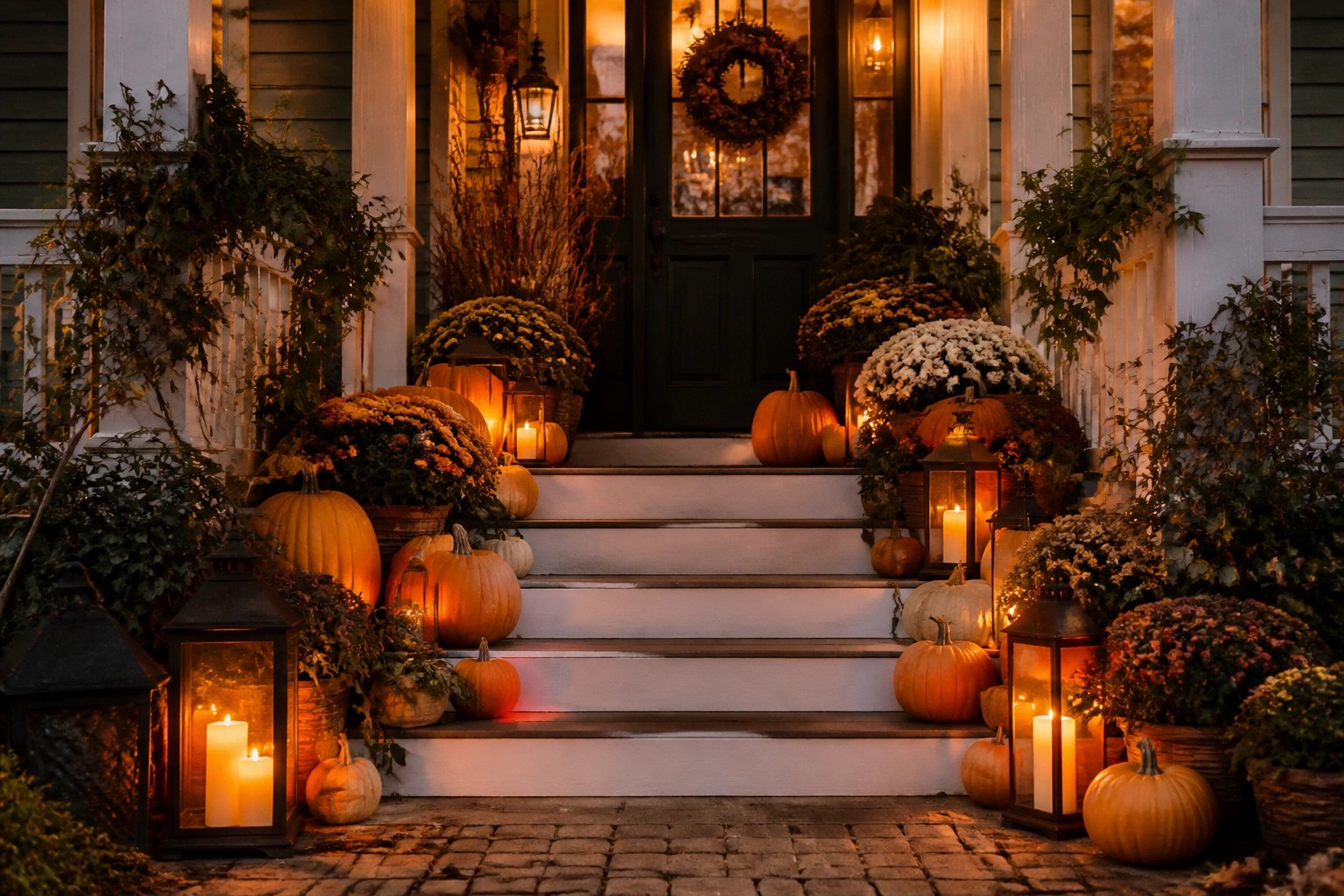 Front porch steps lined with orange, white, and small pumpkins alongside glowing lanterns and potted mums.