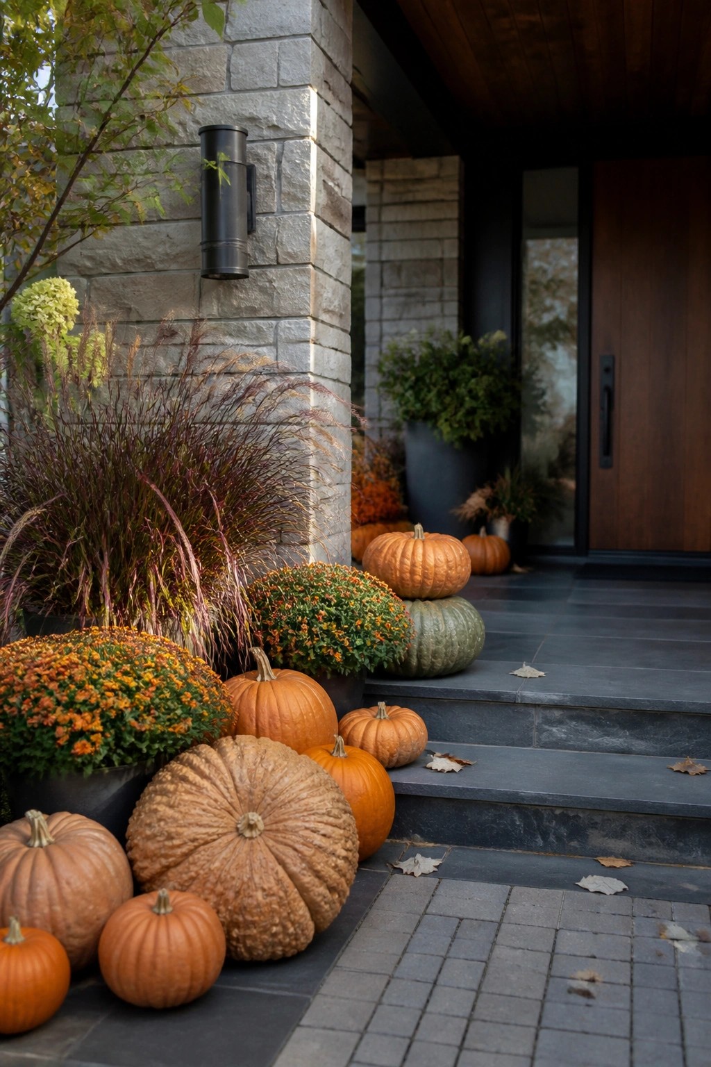 Front entry steps lined with assorted pumpkins in orange and green tones beside a stone pillar and potted plants.