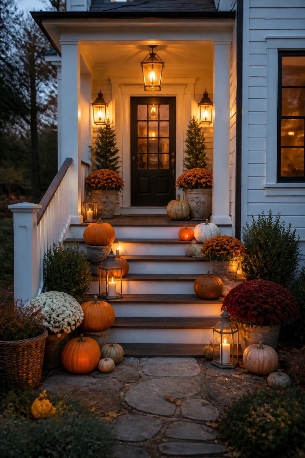 Front porch steps lined with orange, white, and small pumpkins alongside glowing lanterns and potted mums.