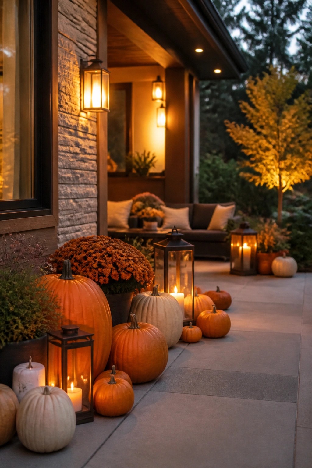 Autumn porch lined with pumpkins, mums and glowing lanterns at dusk.