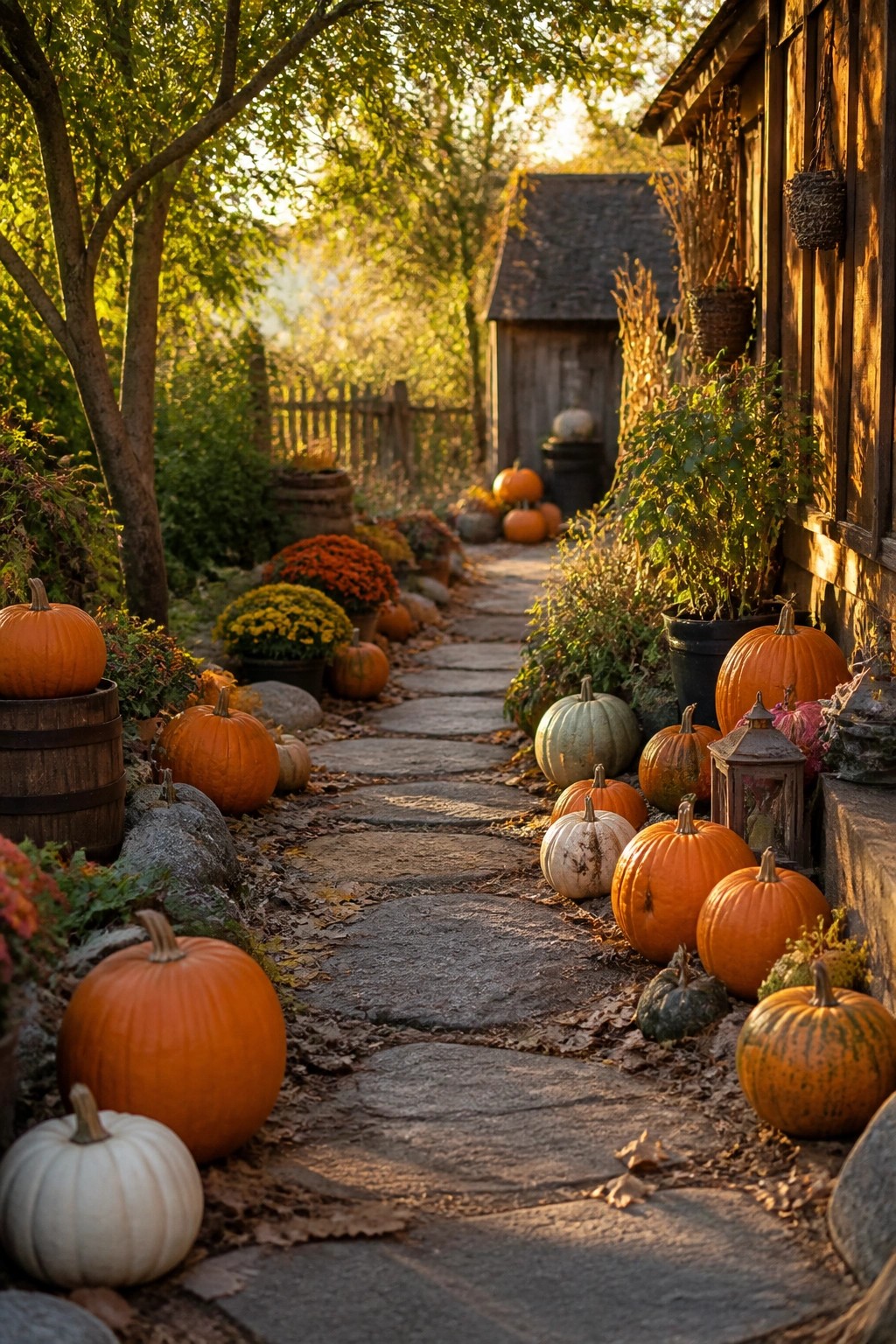 Stone walkway lined with orange, white, and green pumpkins in clusters beside trees and a wooden building.