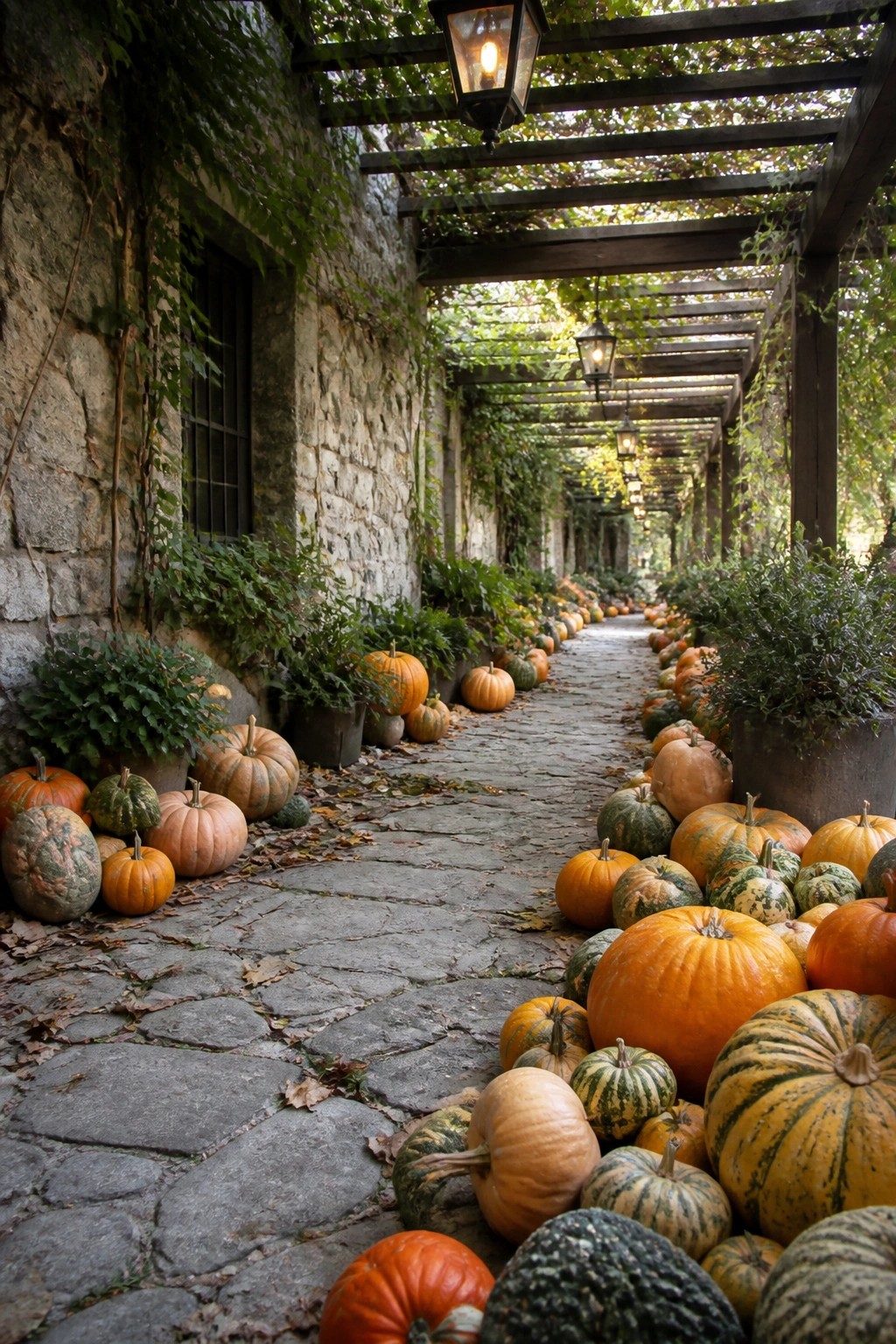 Outdoor stone walkway lined on both sides with dozens of pumpkins in varying sizes and colors under a wooden pergola with hanging lanterns.