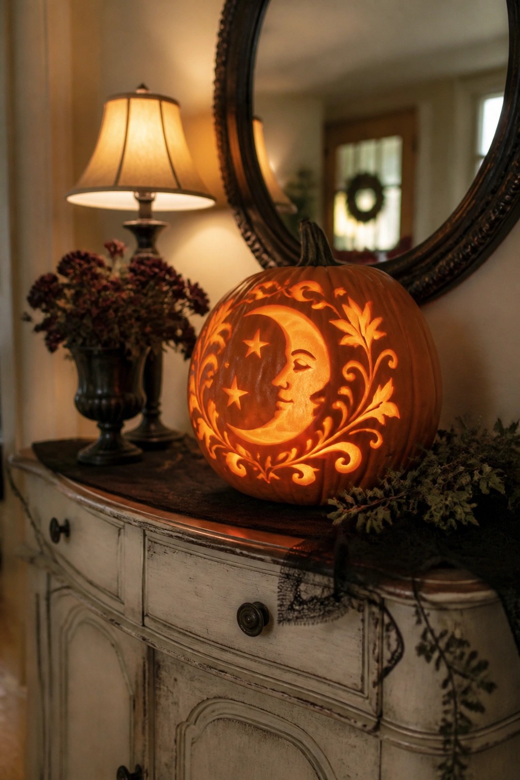 A glowing carved pumpkin with a crescent moon face, stars, and leafy swirls sits on a white distressed console table beneath a round mirror.