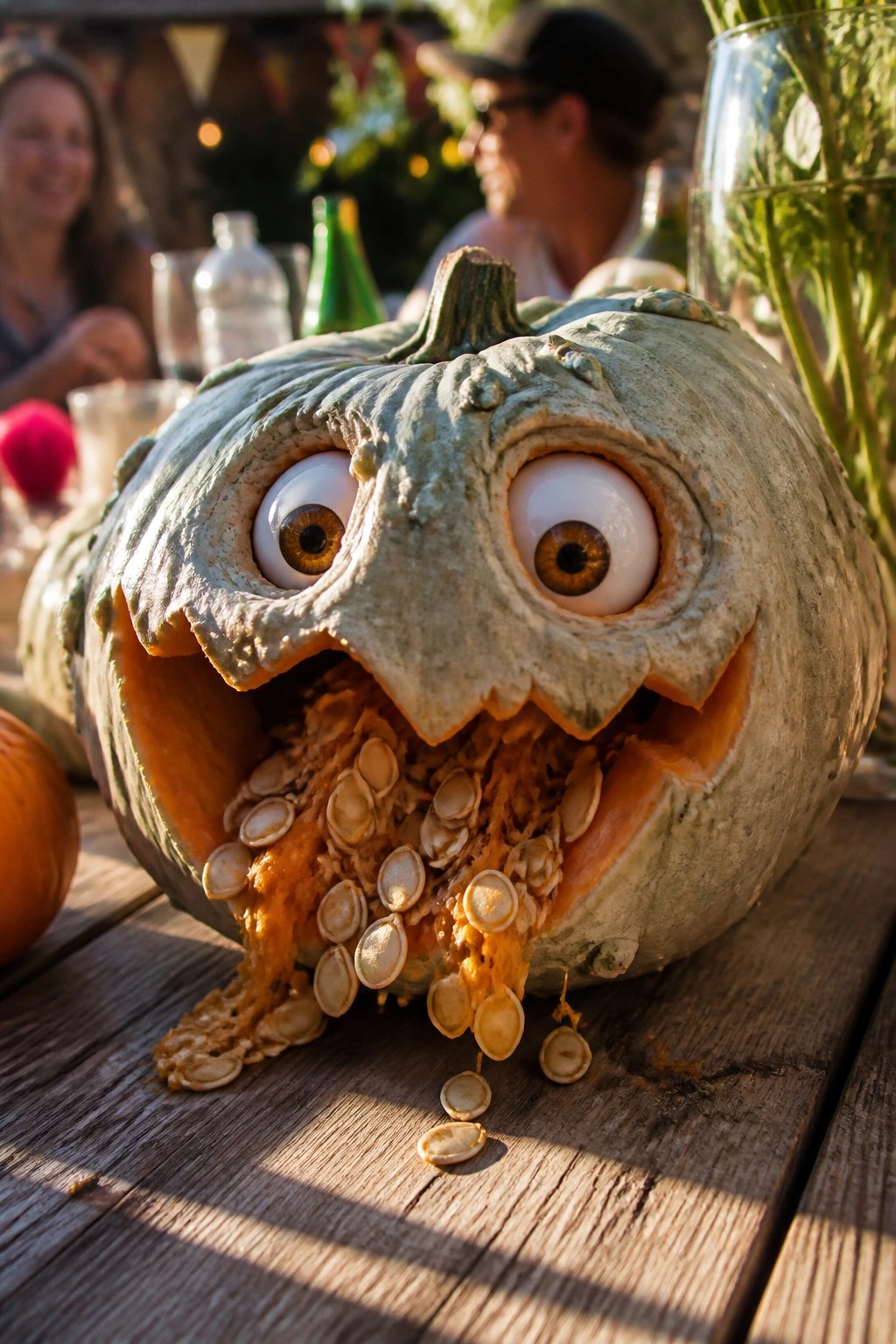 A carved pumpkin with large white cartoon eyes and an open mouth spilling seeds and pulp on a wooden table.