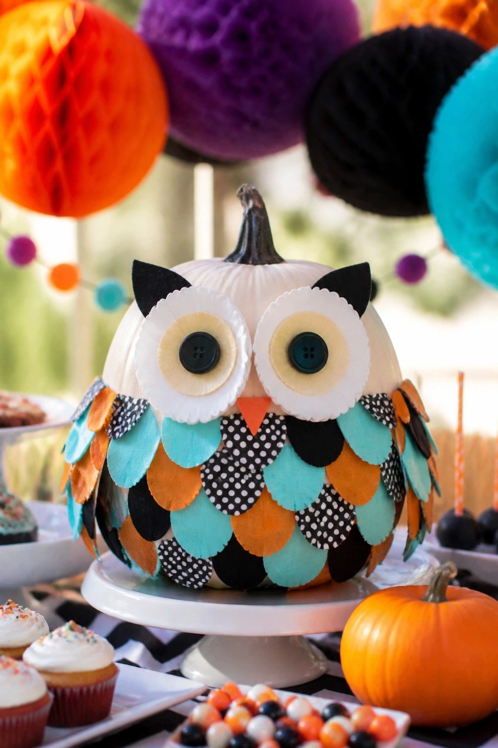 White pumpkin styled as an owl with layered paper feathers, button eyes, and felt ears on a cake stand surrounded by cupcakes and candy.