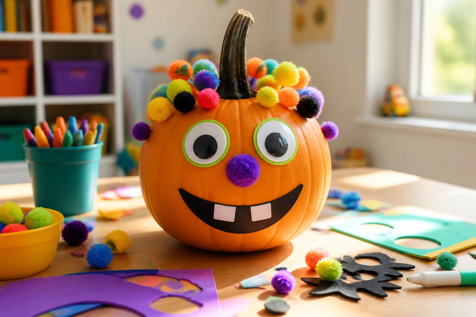 Vibrant orange pumpkin with googly eyes, purple fur, bat wings, and antennae