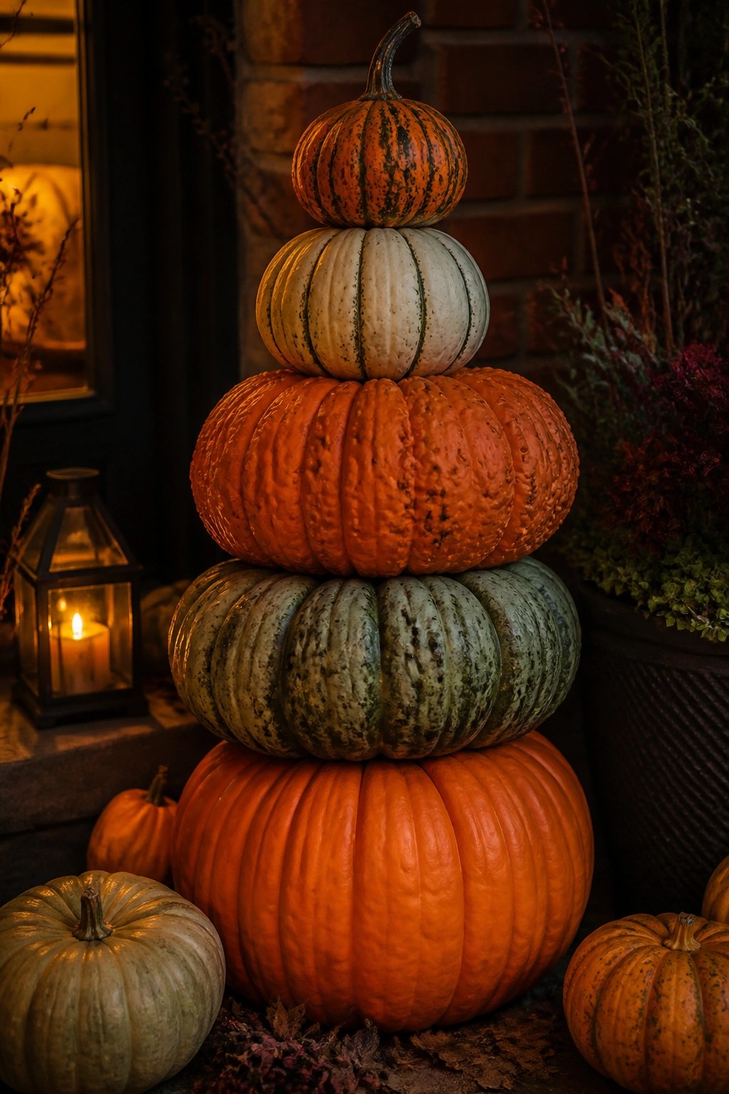 Tall stack of orange, white, and green pumpkins arranged on a front porch with a lit lantern nearby.