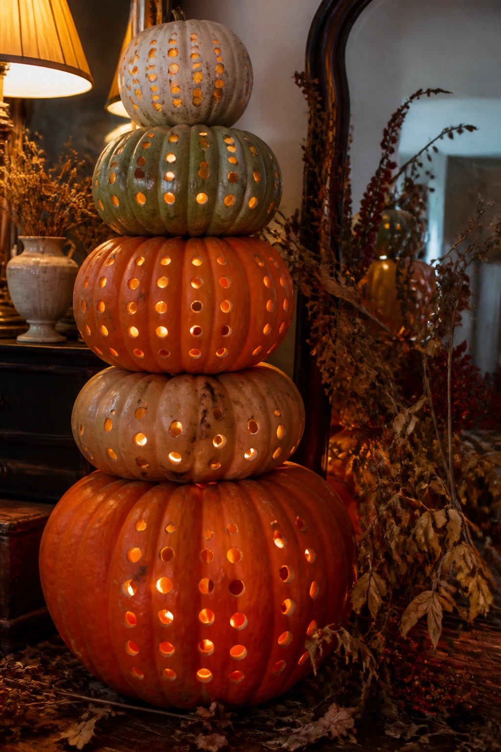 Stacked carved pumpkins in orange, green, and white glowing with warm light