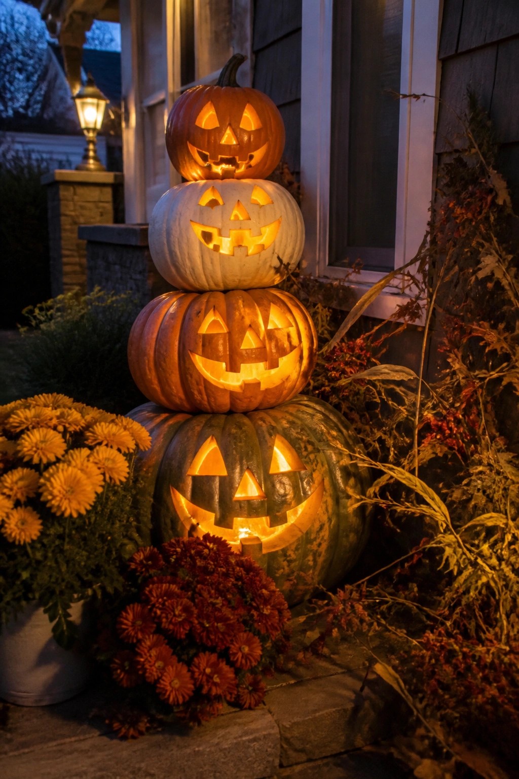 Four stacked and carved jack-o'-lanterns glowing on a front porch with flowers at the base.